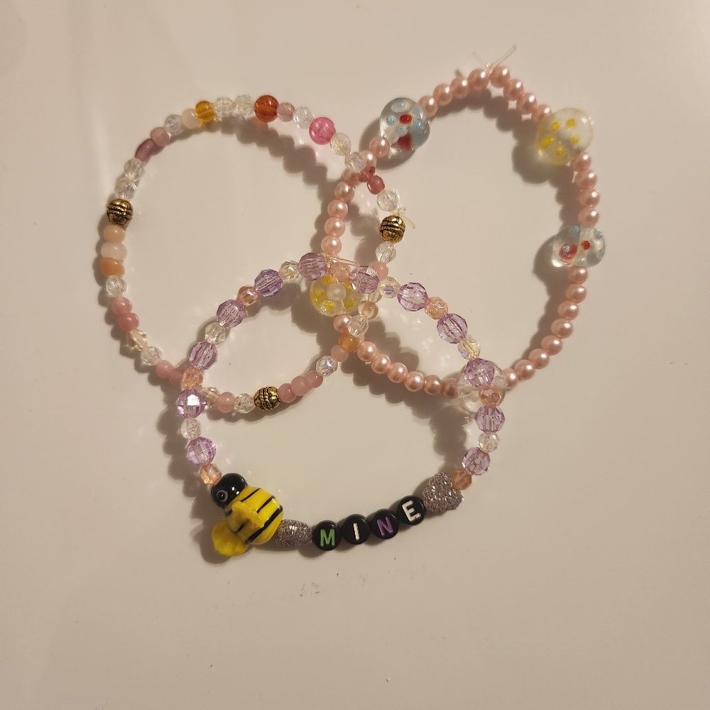 Pink and Purple Beaded Bee Mine Valentines Bracelets